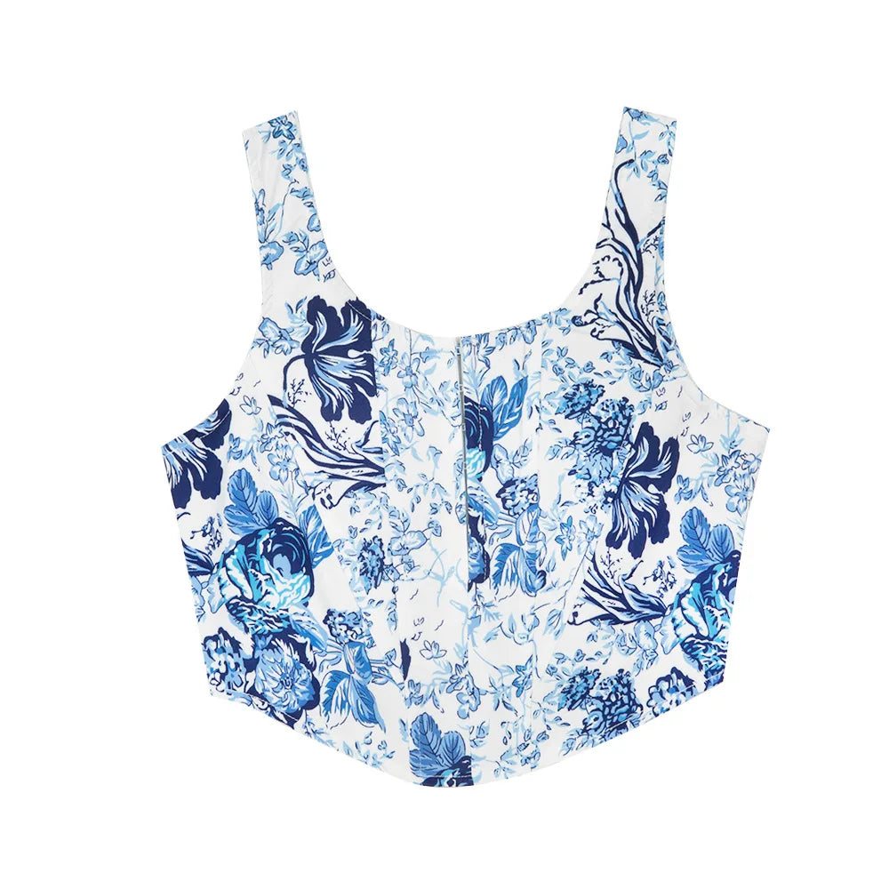 Sara | Blue Ethnic Style Cropped Tank Top