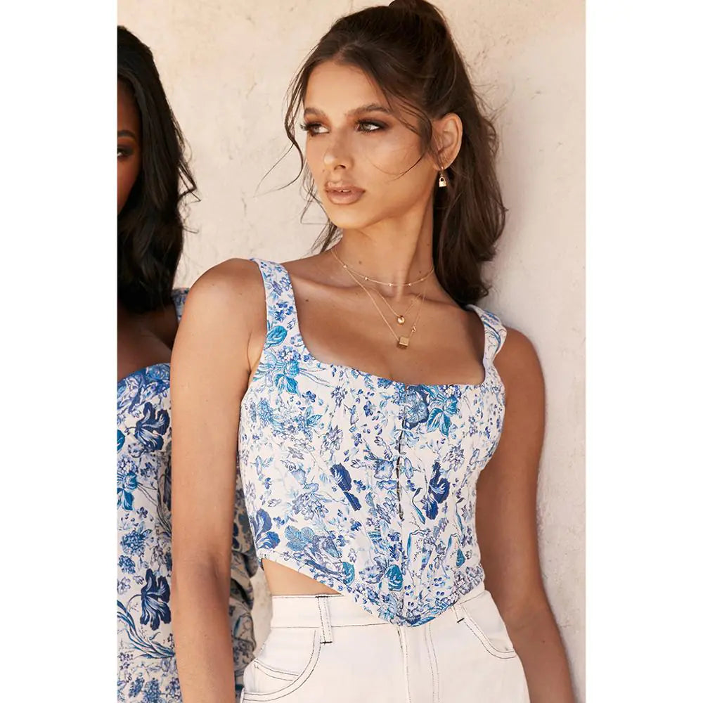 Sara | Blue Ethnic Style Cropped Tank Top